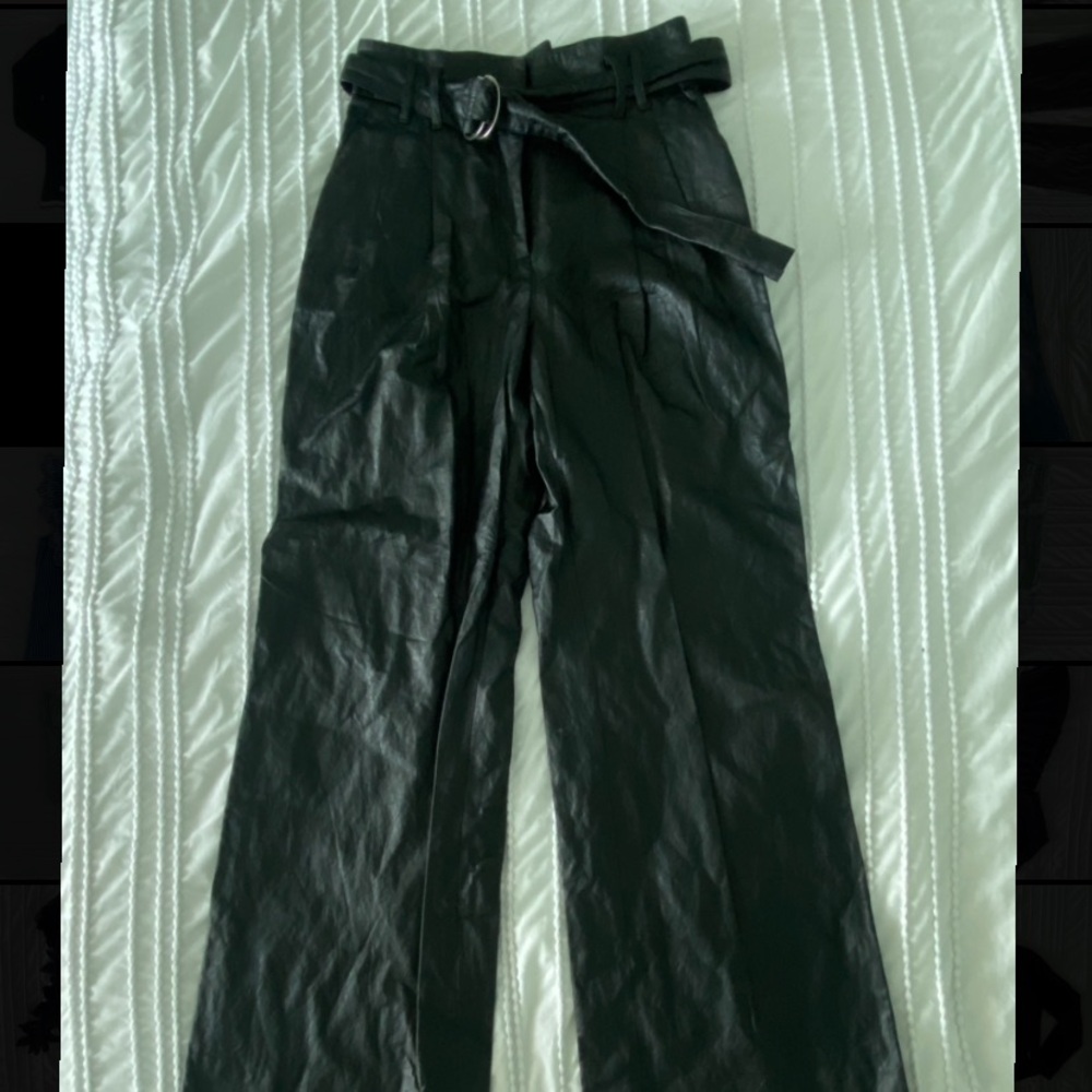 Black Faux Leather Belted Pants